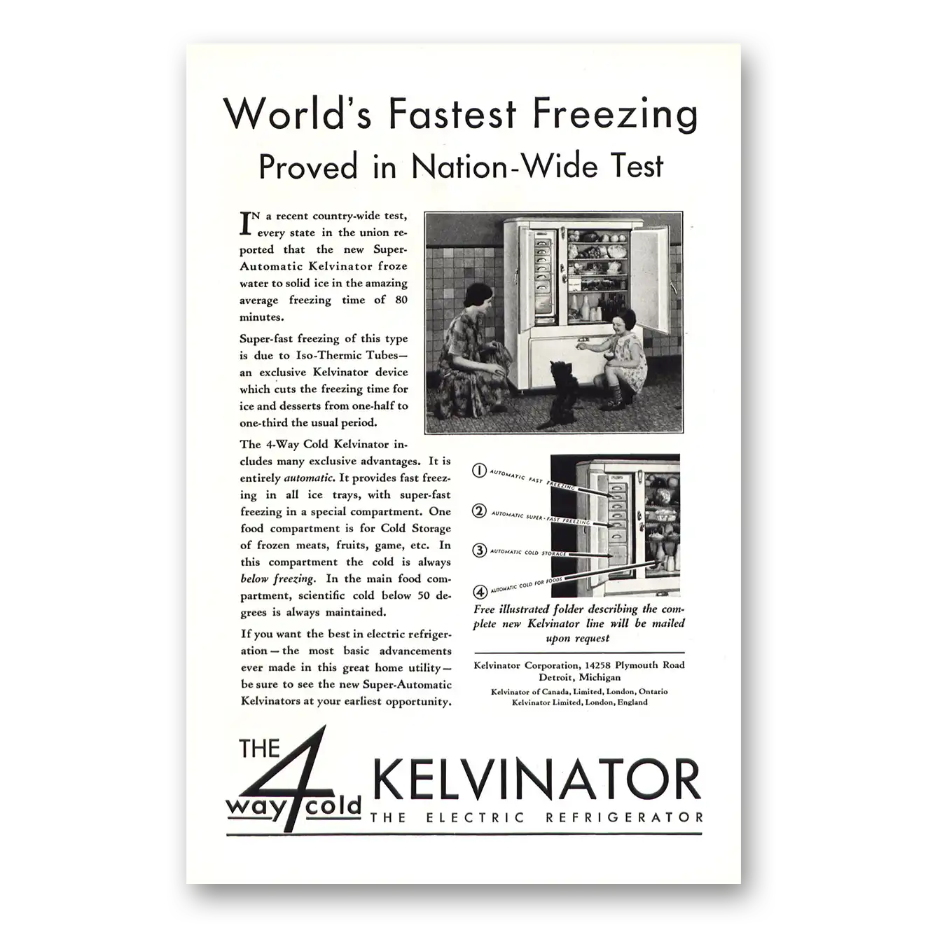 1930 Kelvinator Refrigerator Worlds Fastest Freezing Vintage Magazine Print Ad