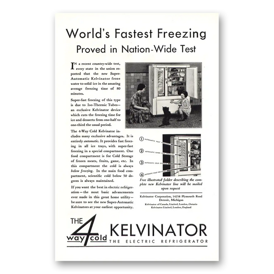 1930 Kelvinator Refrigerator Worlds Fastest Freezing Vintage Magazine Print Ad