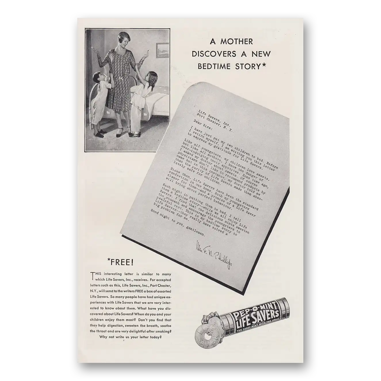 1930 Pep O Mint Life Savers Mother Discovers a New Bedtime Story Vintage Magazine Print Ad