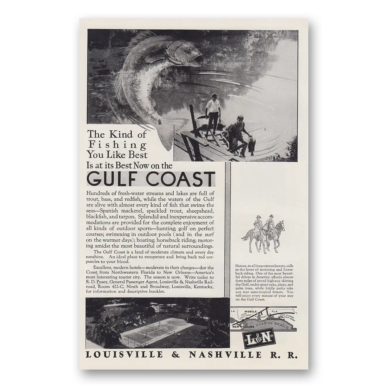 1930 Louisville & Nashville Railroad Kind of Fishing You Like Best Gulf Coast Vintage Magazine Print Ad