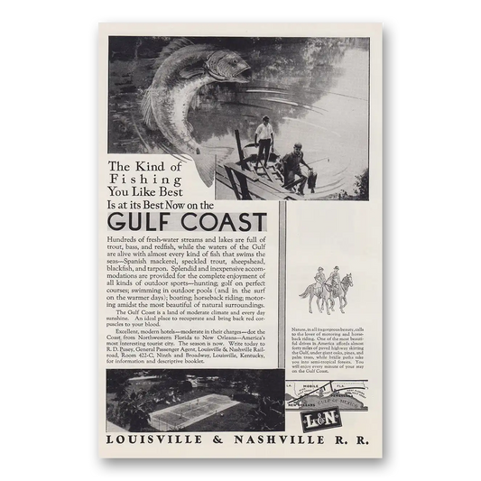 1930 Louisville & Nashville Railroad Kind of Fishing You Like Best Gulf Coast Vintage Magazine Print Ad