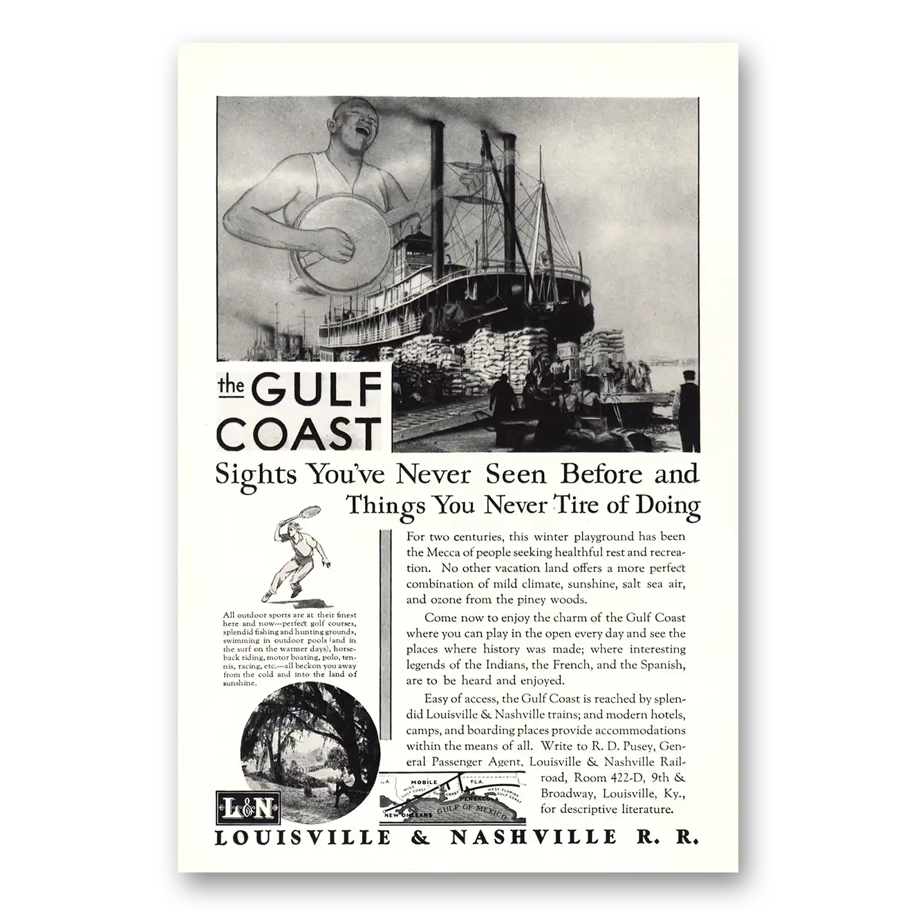 1930 Louisville & Nashville Railroad Gulf Coast Sights You've Never Seen Vintage Magazine Print Ad