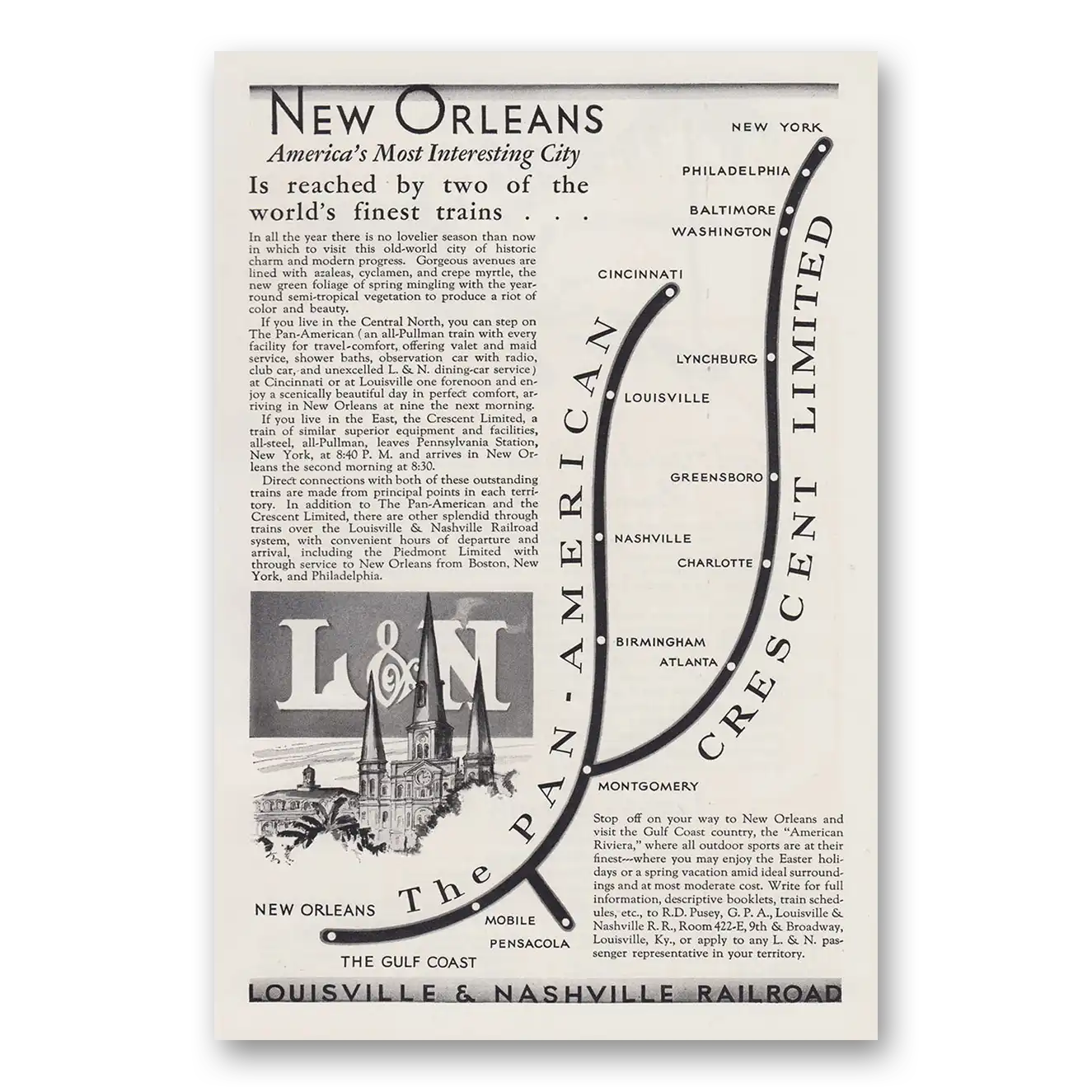 1930 Louisville & Nashville Railroad New Orleans Americas Most Interesting City Vintage Magazine Print Ad