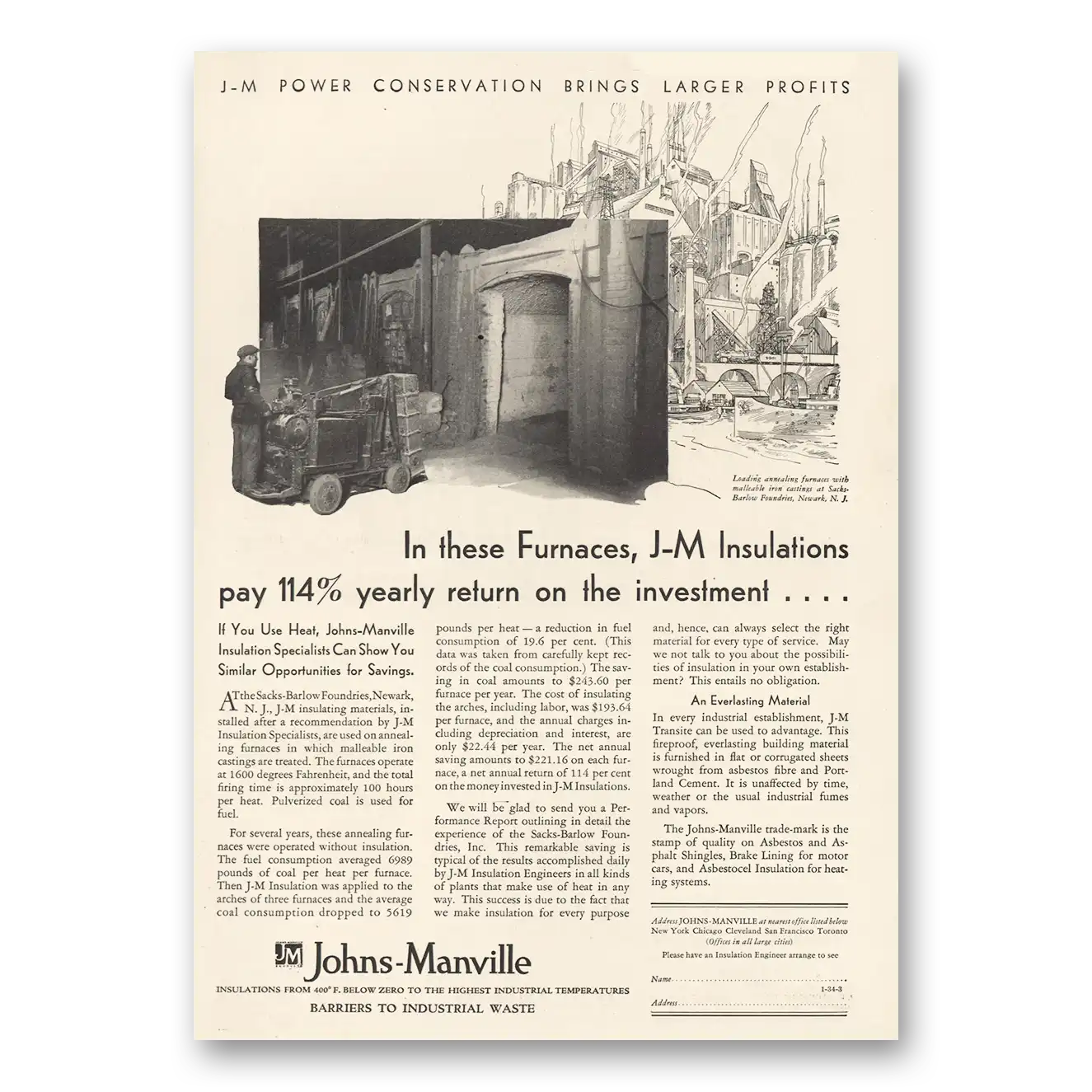 1930 Johns Manville Furnaces Yearly Return Vintage Magazine Print Ad