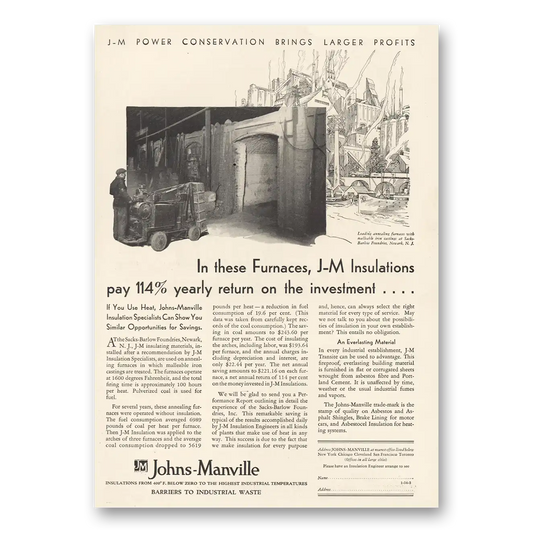 1930 Johns Manville Furnaces Yearly Return Vintage Magazine Print Ad