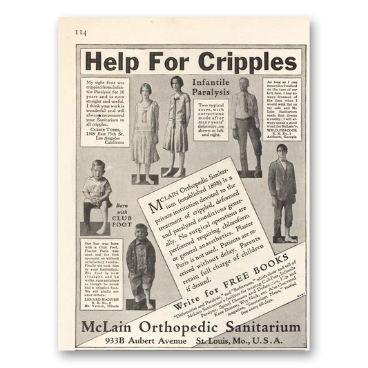 1930 McLain Orthopedic Sanitarium Help for Cripples Vintage Magazine Print Ad