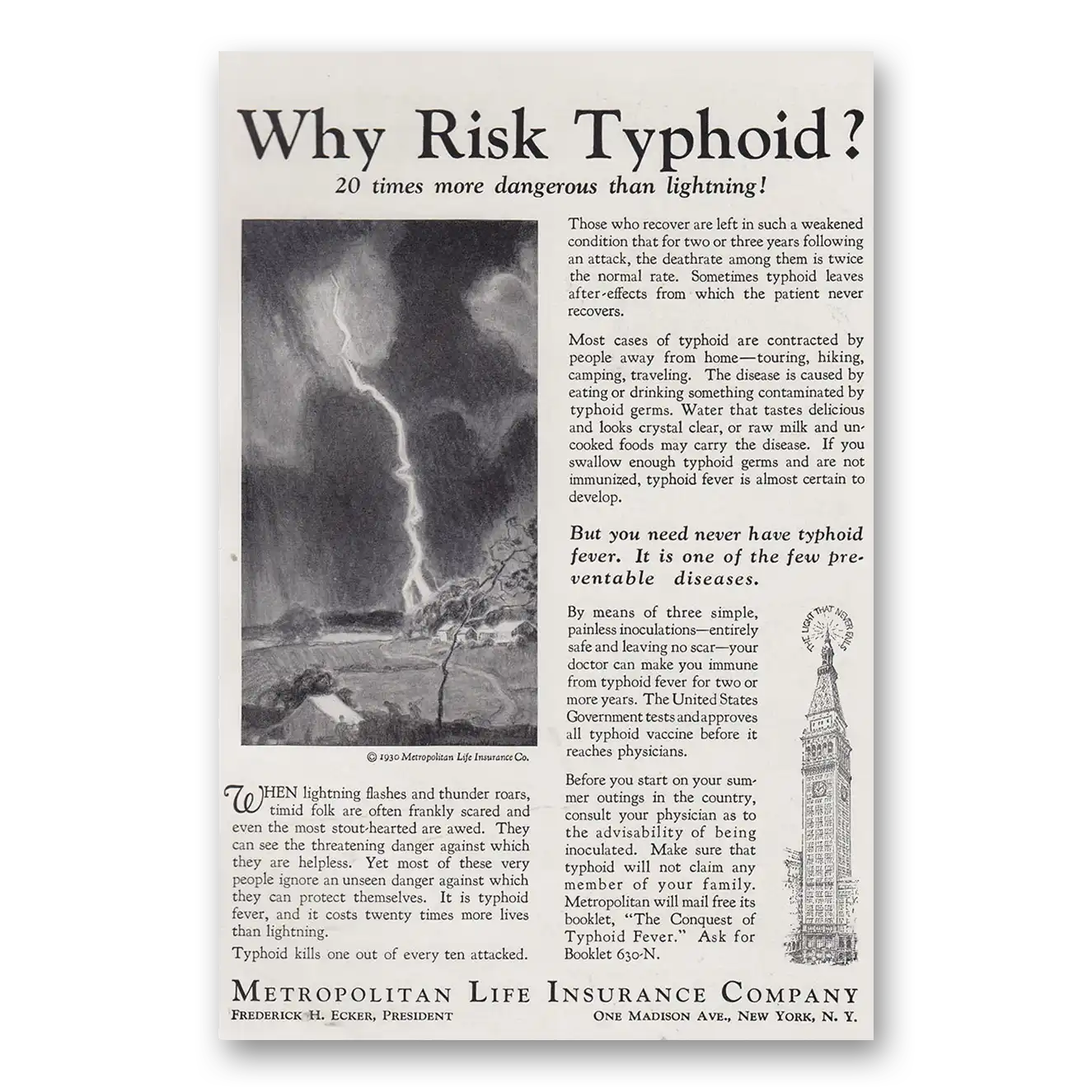 1930 Metropolitan Life Insurance Why Risk Typhoid Vintage Magazine Print Ad