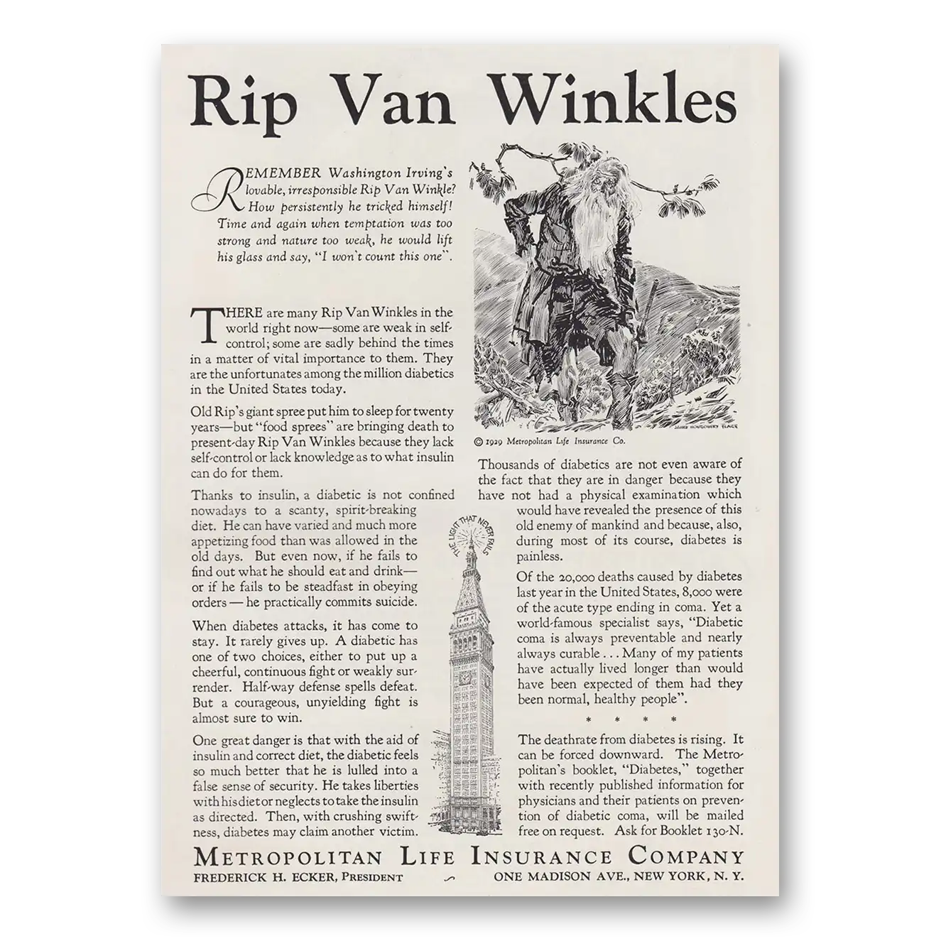 1930 Metropolitan Life Insurance Rip Van Winkle Vintage Magazine Print Ad