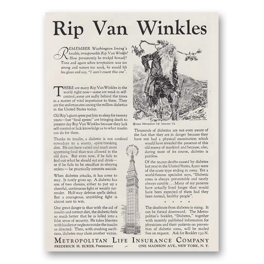 1930 Metropolitan Life Insurance Rip Van Winkle Vintage Magazine Print Ad