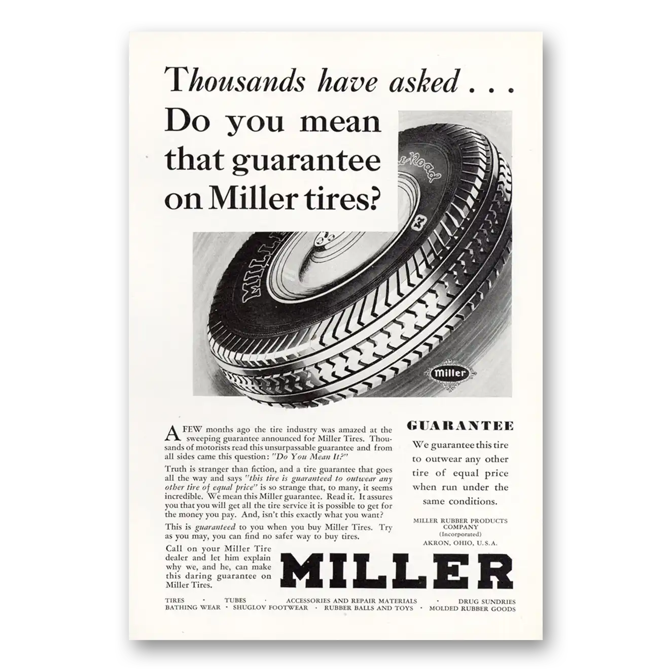 1930 Miller Tires Thousands Have Asked Vintage Magazine Print Ad