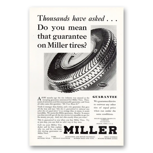 1930 Miller Tires Thousands Have Asked Vintage Magazine Print Ad