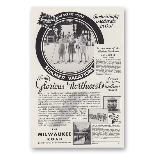 1930 Milwaukee Road Summer Vacations in the Glorious Northwest Vintage Magazine Print Ad