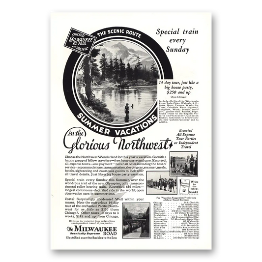 1930 Milwaukee Road Special Train Every Sunday Glorious Northwest Vintage Magazine Print Ad