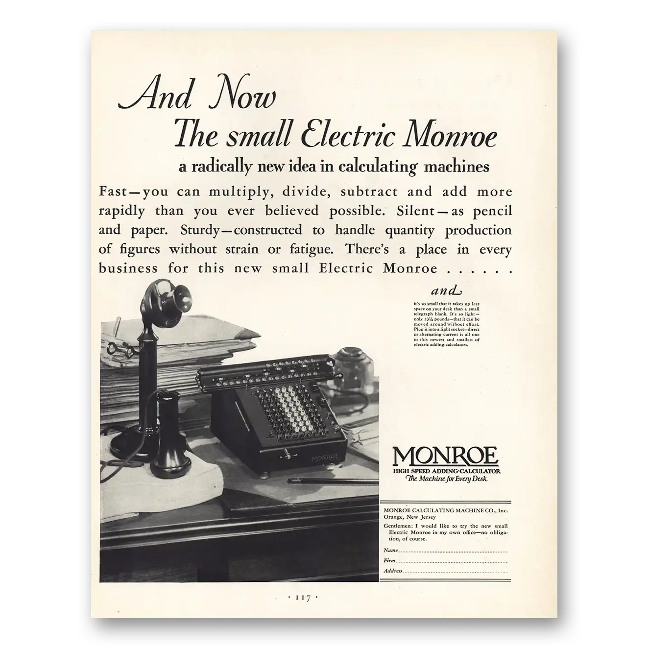 1930 Monroe Calculating Machines Adding Calculator Small Electric Monroe Vintage Magazine Print Ad