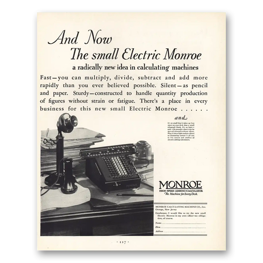 1930 Monroe Calculating Machines Adding Calculator Small Electric Monroe Vintage Magazine Print Ad