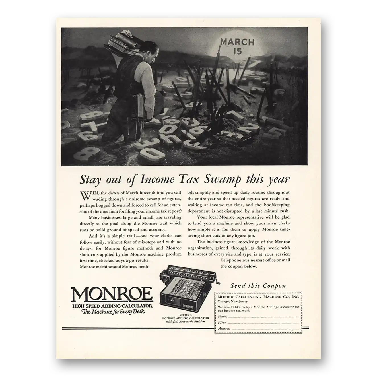 1930 Monroe Calculating Machines Adding Calculator Tax Swamp This Year Vintage Magazine Print Ad