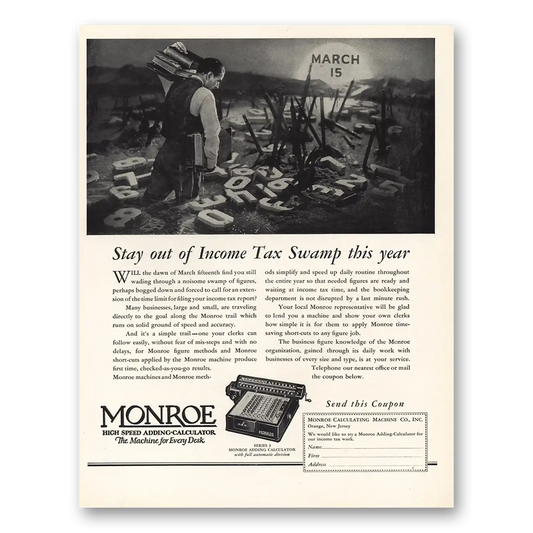 1930 Monroe Calculating Machines Adding Calculator Tax Swamp This Year Vintage Magazine Print Ad