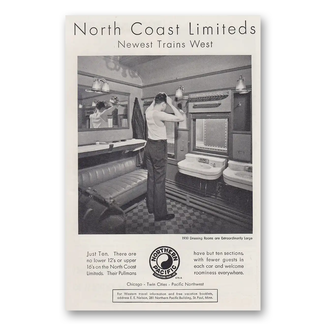 1930 Northern Pacific Railway Newest Trains West Dressing Rooms Vintage Magazine Print Ad