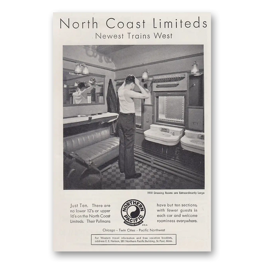 1930 Northern Pacific Railway Newest Trains West Dressing Rooms Vintage Magazine Print Ad