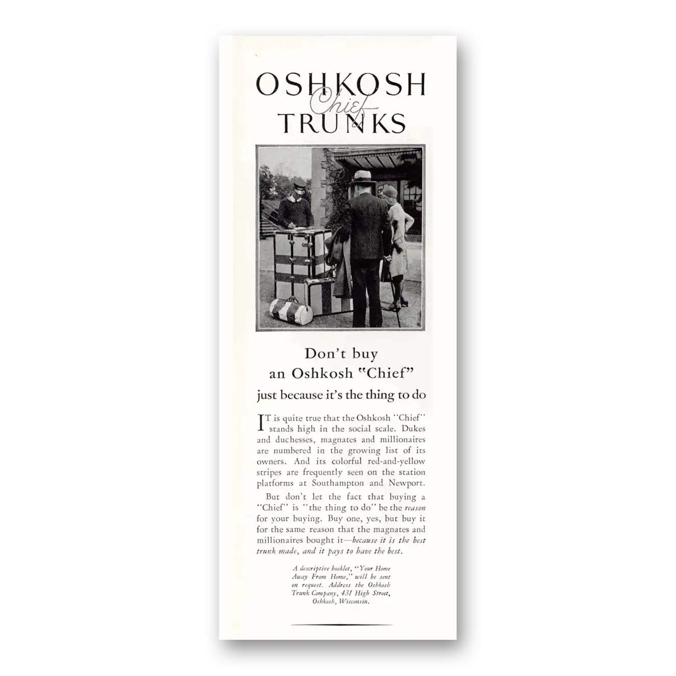 1930 Oshkosh Trunks and Luggage Chief Trunks Just Because Its the Thing To Do Vintage Magazine Print Ad