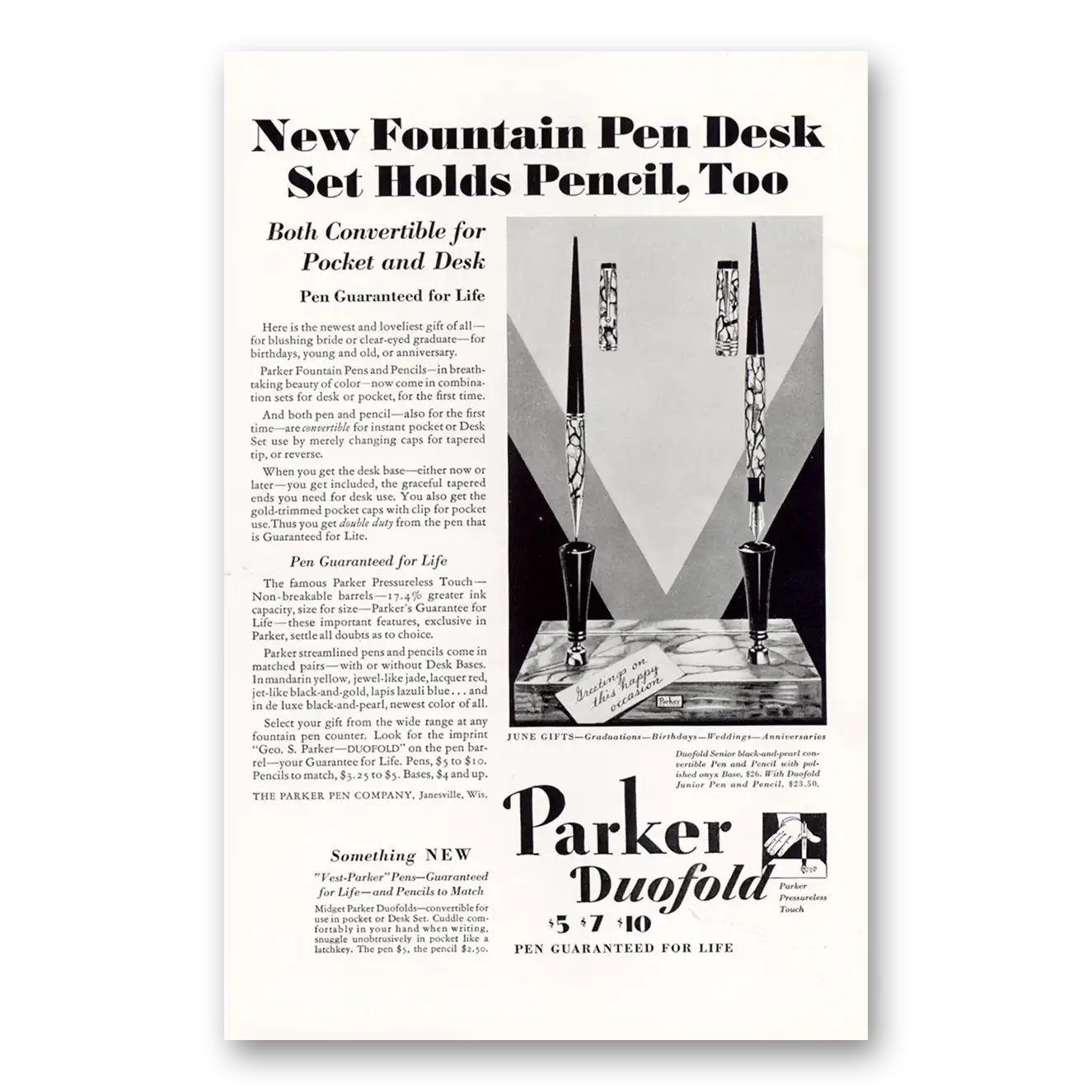 1930 Parker Duofold Pen Desk Set Holds Pencil Too Vintage Magazine Print Ad