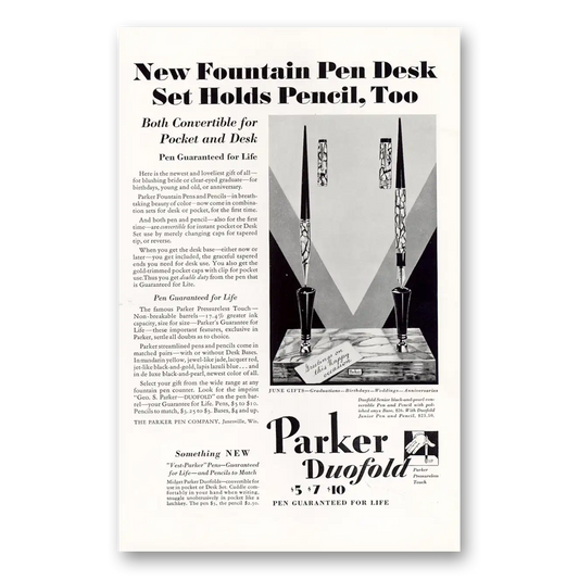 1930 Parker Duofold Pen Desk Set Holds Pencil Too Vintage Magazine Print Ad