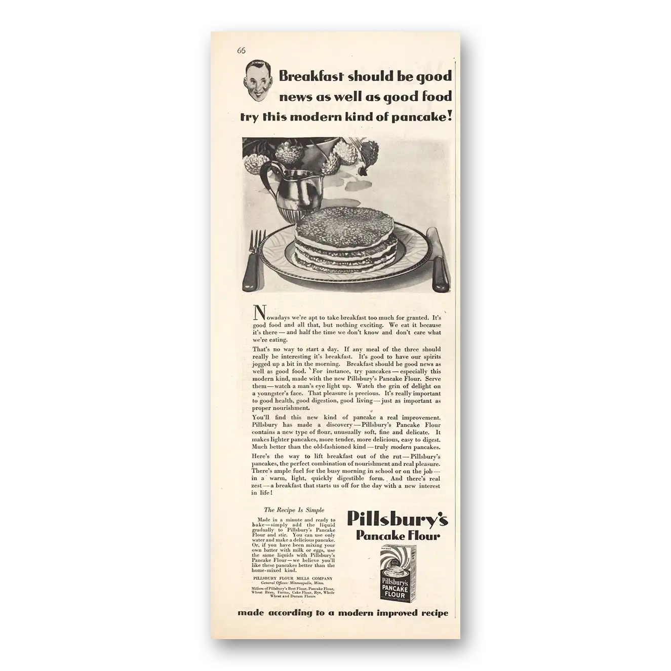 1930 Pillsbury Pancake Flour Breakfast Should Be Good Vintage Magazine Print Ad