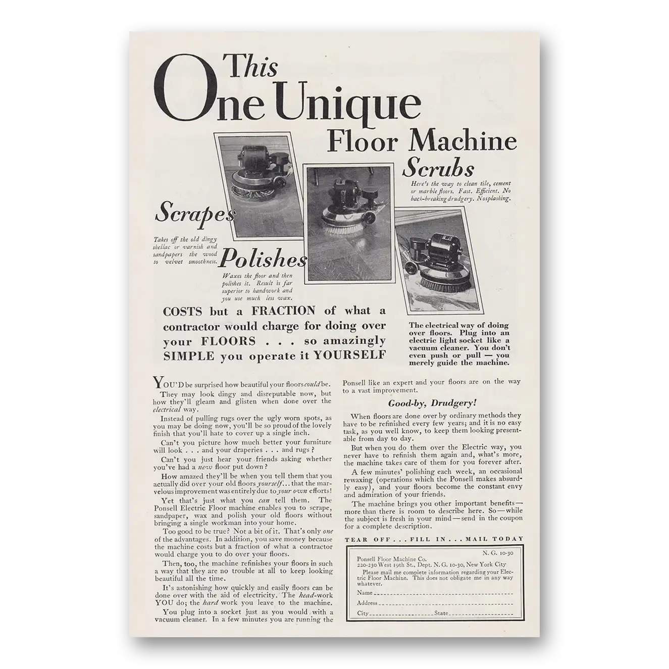 1930 Ponsell Floor Machine One Unique Floor Machine Vintage Magazine Print Ad