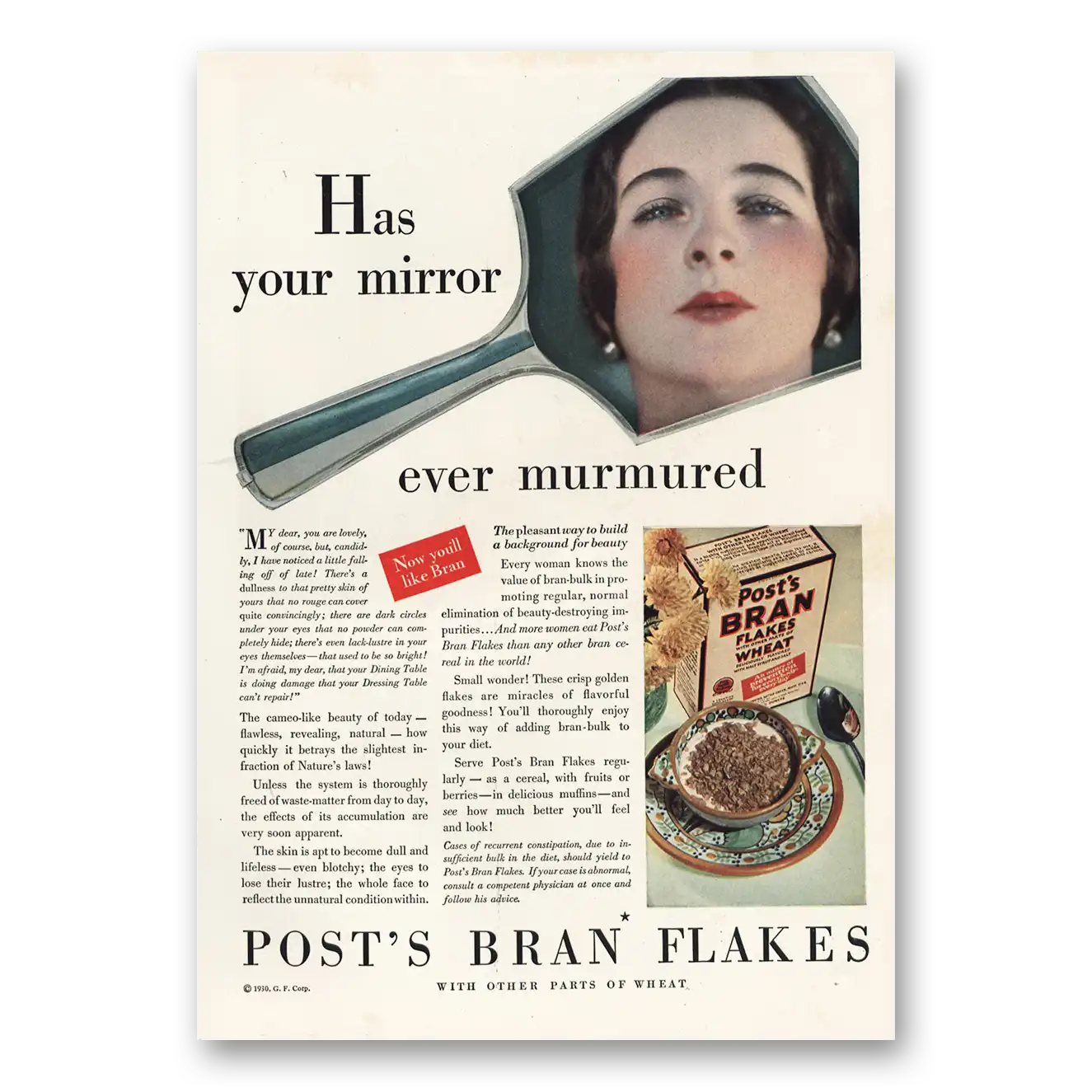 1930 Post Cereal Bran Flakes Has Your Mirror Ever Murmured Vintage Magazine Print Ad