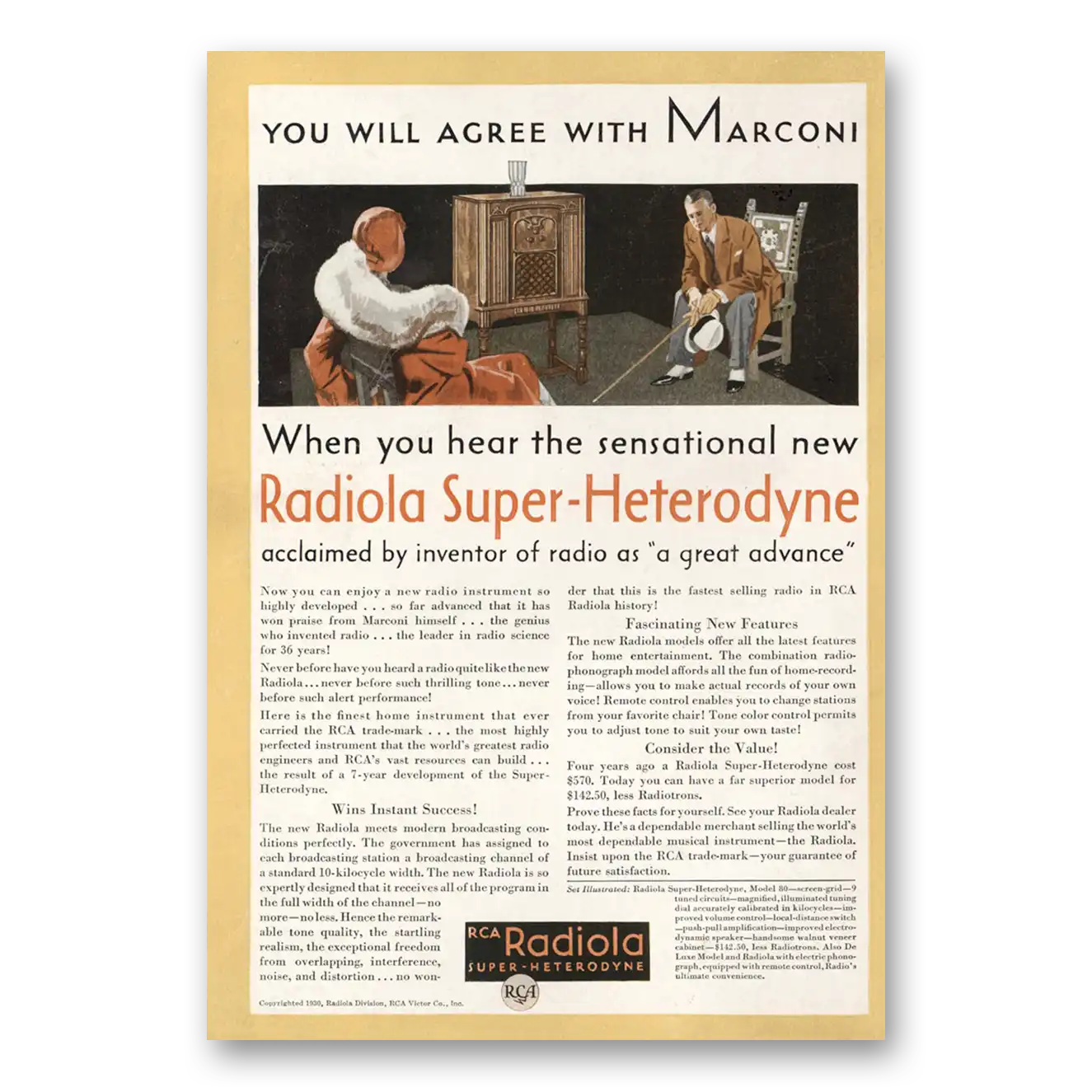 1930 RCA Radiola Radio You Will Agree With Maroni Vintage Magazine Print Ad