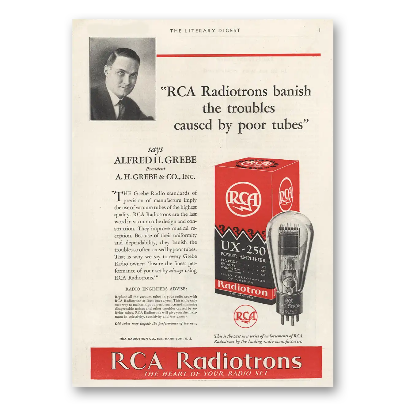 1930 RCA Radiotron Alfred H Grebe Vintage Magazine Print Ad