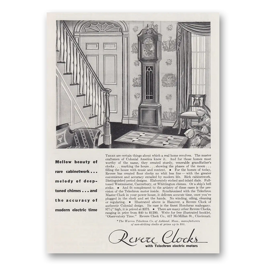 1930 Revere Clocks Mellow Beauty of Rare Cabinetwork Vintage Magazine Print Ad