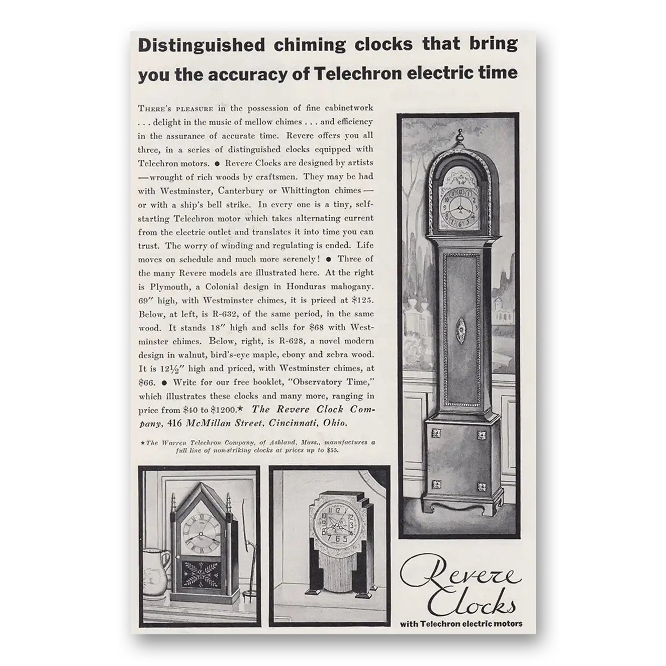 1930 Revere Clocks Distinguished Chiming Clocks Vintage Magazine Print Ad