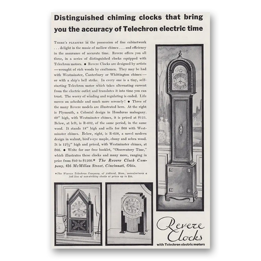 1930 Revere Clocks Distinguished Chiming Clocks Vintage Magazine Print Ad