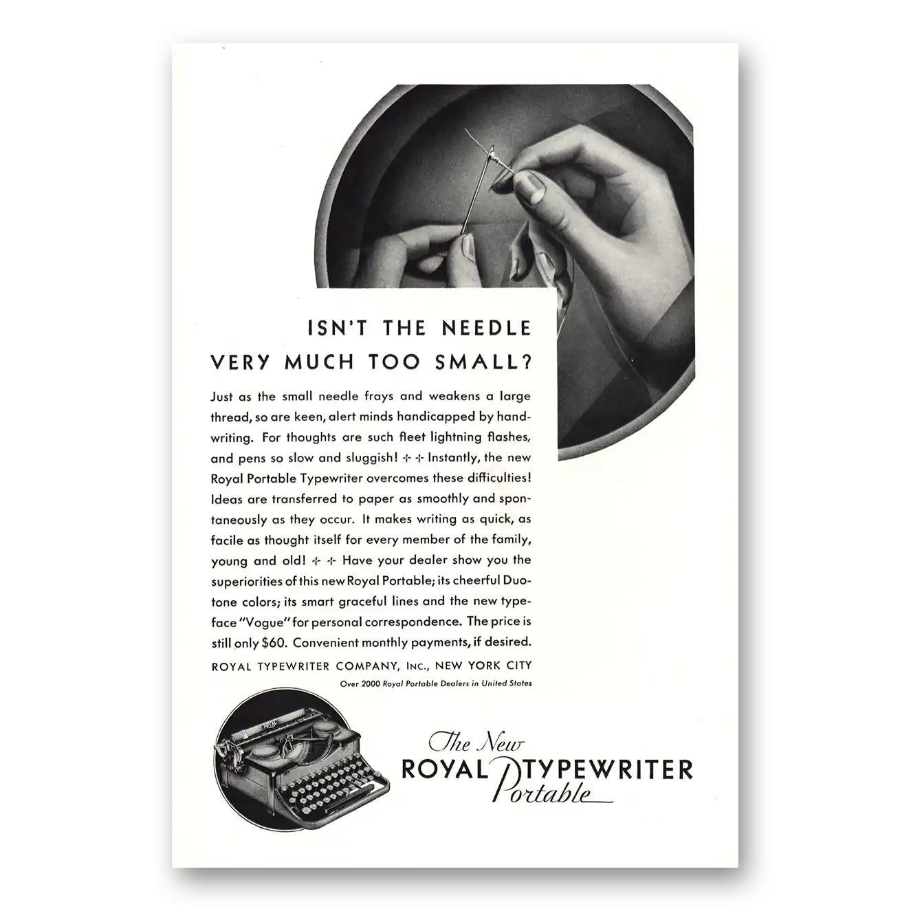 1930 Royal Typewriter Isn't the Needle Very Much Too Small Vintage Magazine Print Ad