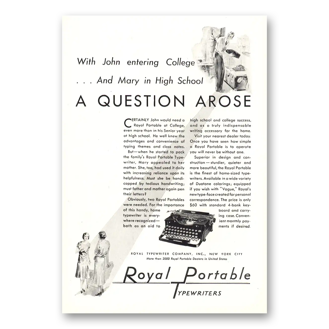 1930 Royal Typewriter John Entering College Question Arose Vintage Magazine Print Ad