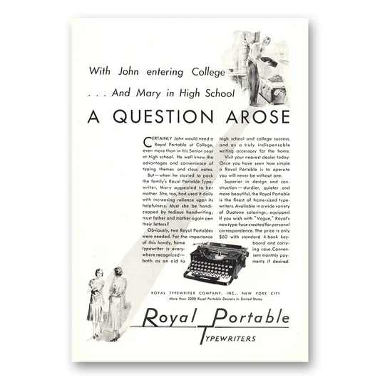 1930 Royal Typewriter John Entering College Question Arose Vintage Magazine Print Ad