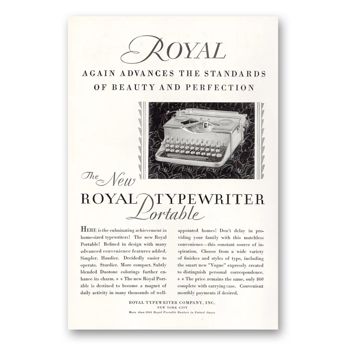 1930 Royal Typewriter Beauty and Perfection Vintage Magazine Print Ad