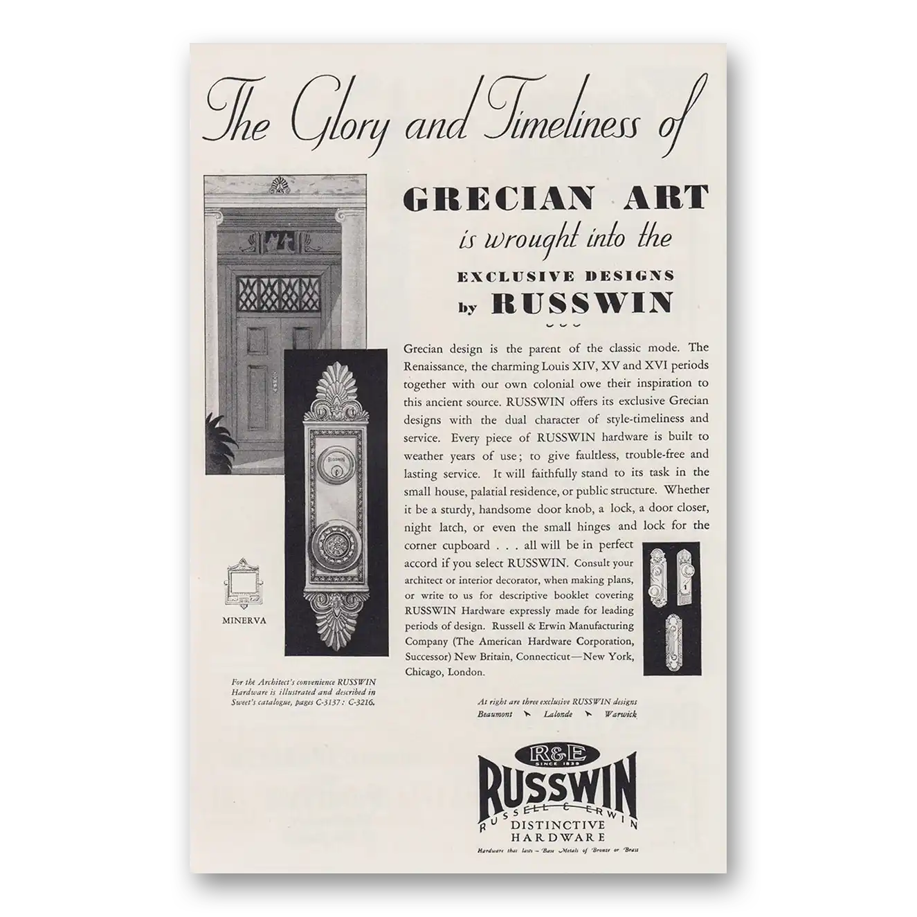 1930 Russwin Hardware Grecian Art Is Wrought Into the Exclusive Design Vintage Magazine Print Ad