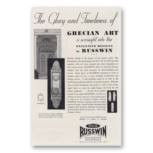 1930 Russwin Hardware Grecian Art Is Wrought Into the Exclusive Design Vintage Magazine Print Ad