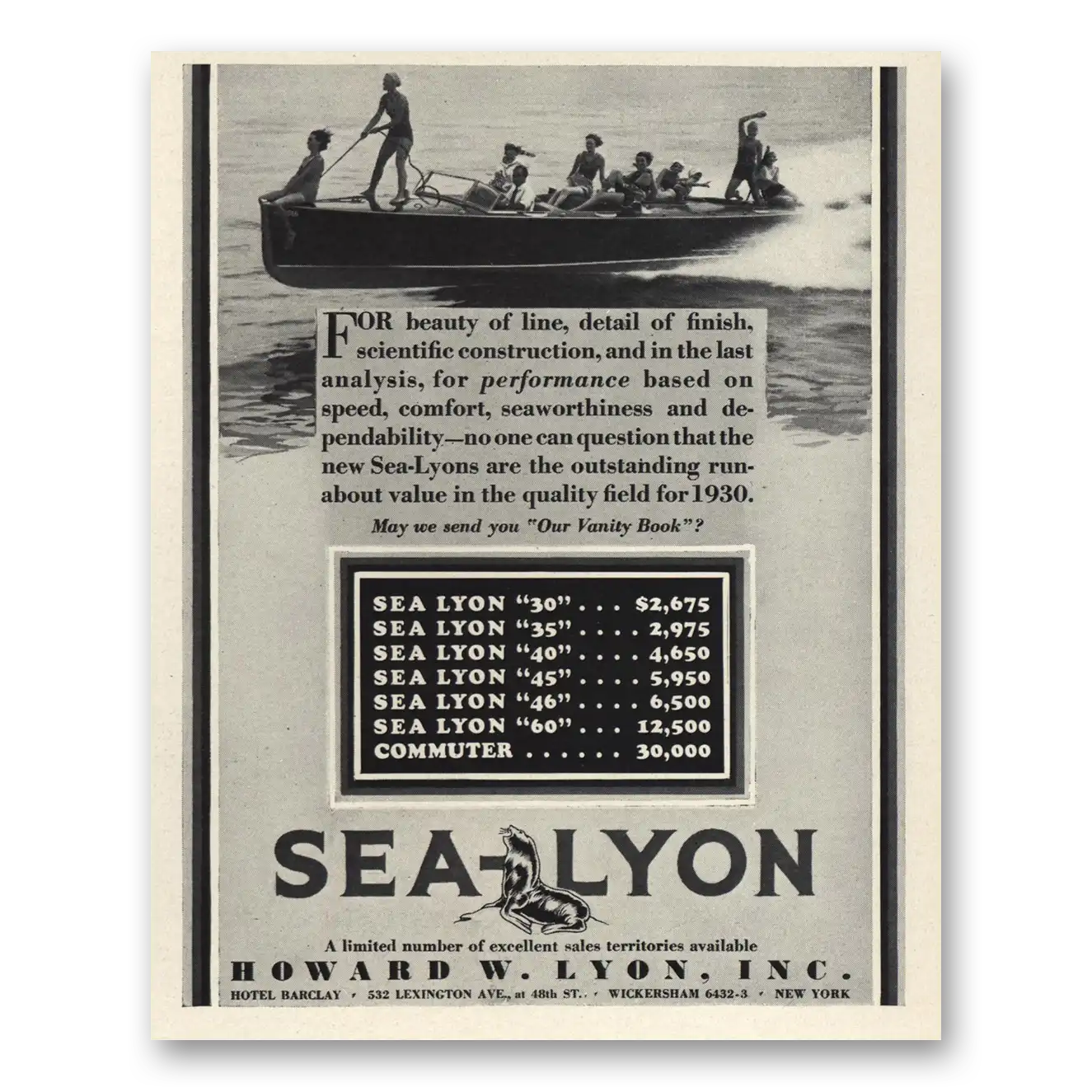 1930 Sea Lyon Runabout Sea Lyon Beauty of Line Detail of Finish Vintage Magazine Print Ad