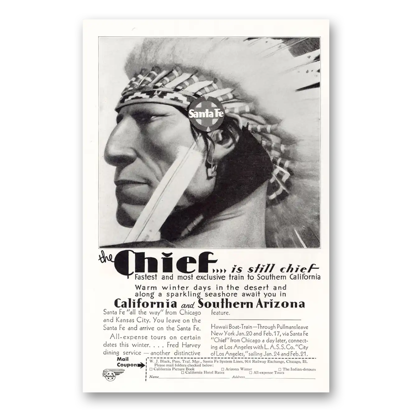 1930 Santa Fe Railway Chief Is Still Chief Vintage Magazine Print Ad