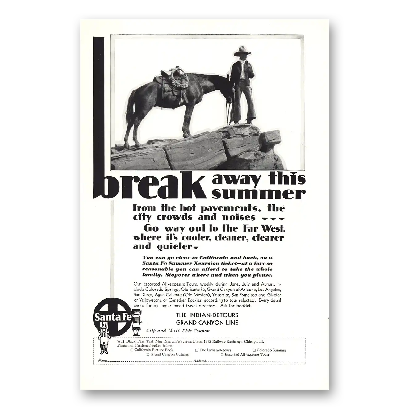 1930 Santa Fe Railway Break Away This Summer Vintage Magazine Print Ad