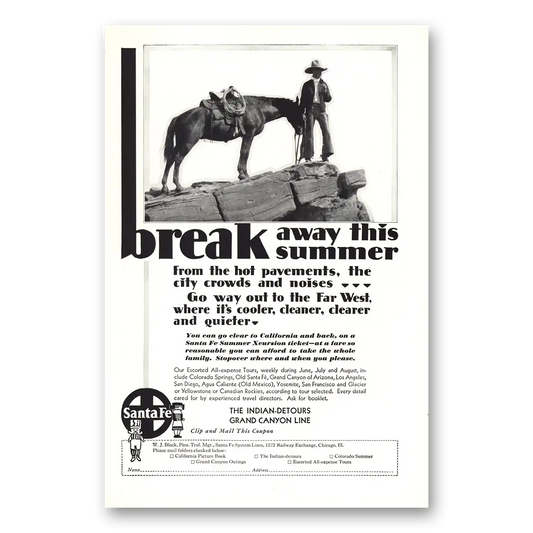 1930 Santa Fe Railway Break Away This Summer Vintage Magazine Print Ad