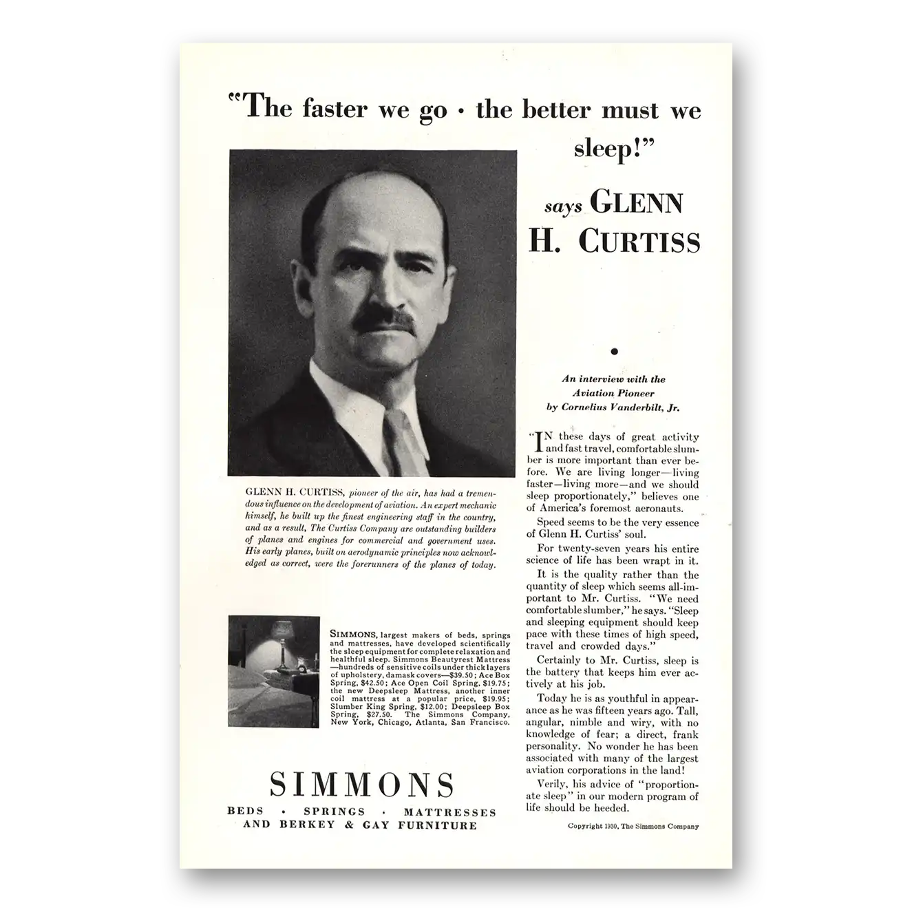 1930 Simmons Bed Mattresses Glenn H Curtiss Vintage Magazine Print Ad