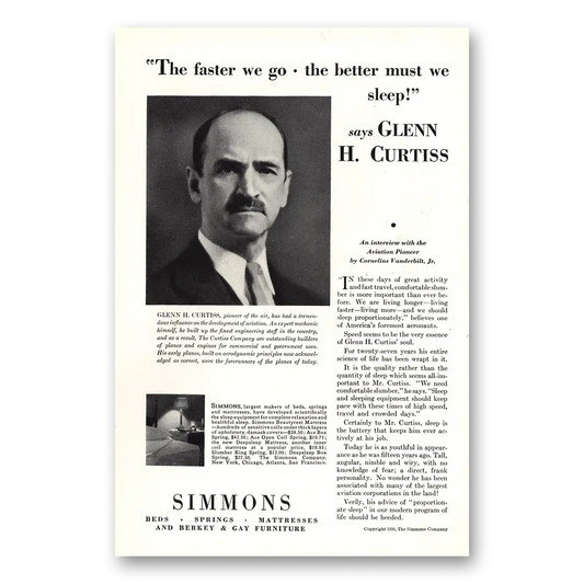 1930 Simmons Bed Mattresses Glenn H Curtiss Vintage Magazine Print Ad