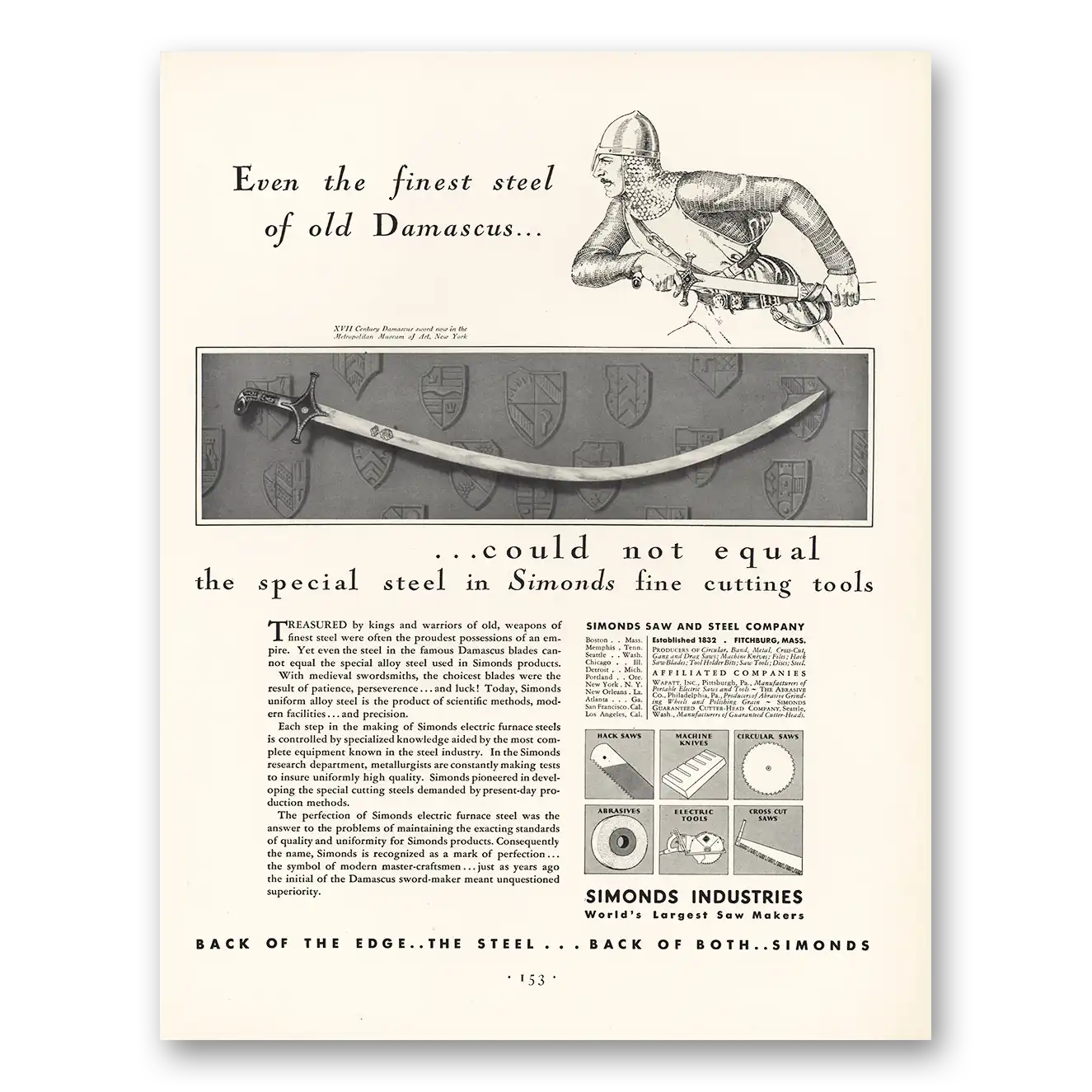 1930 Simonds Industries Finest Steel of Old Damascus Vintage Magazine Print Ad