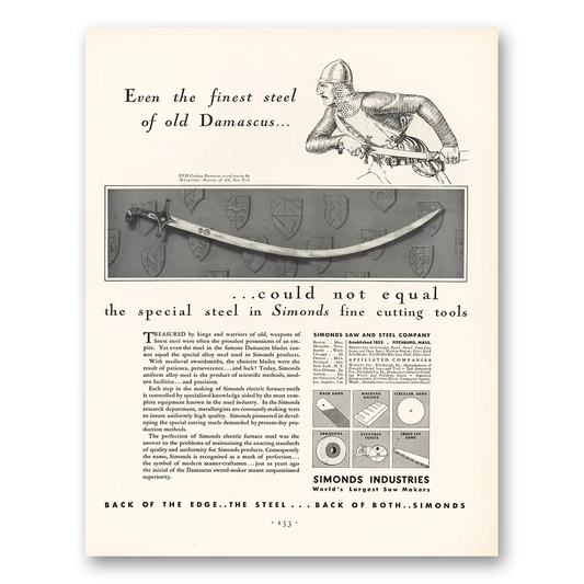 1930 Simonds Industries Finest Steel of Old Damascus Vintage Magazine Print Ad