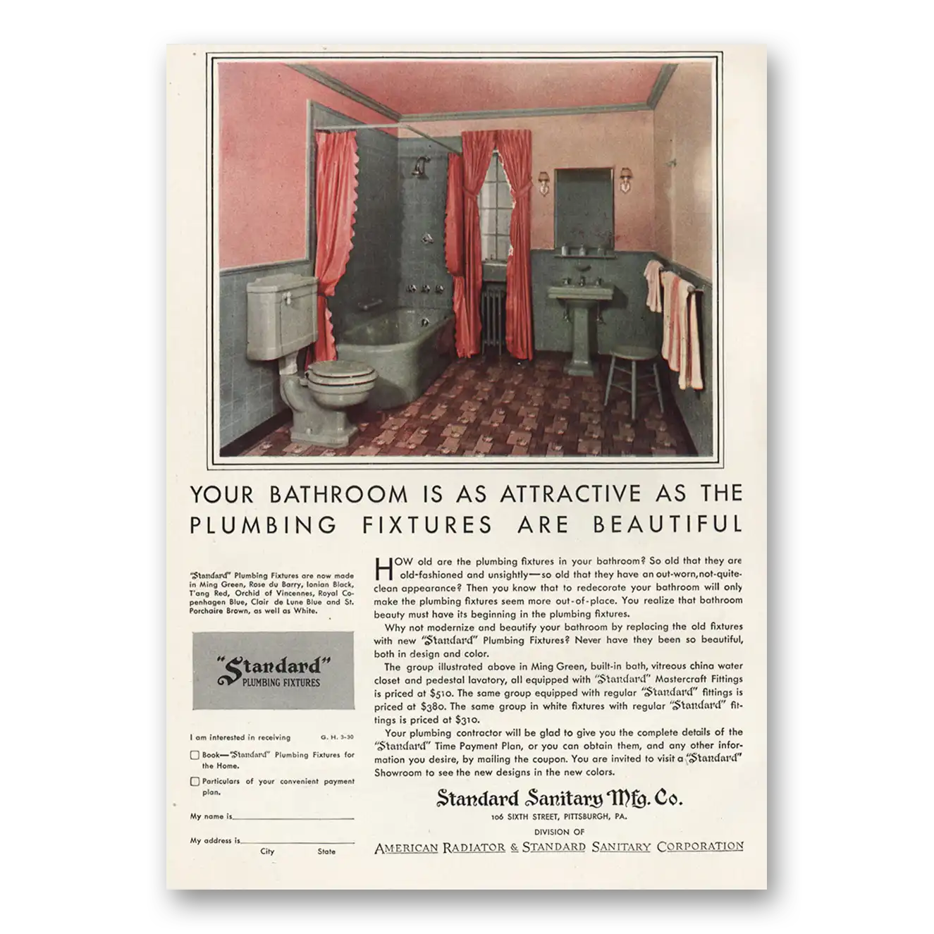 1930 American Radiator Standard Sanitary Bathroom Is Attractive Vintage Magazine Print Ad