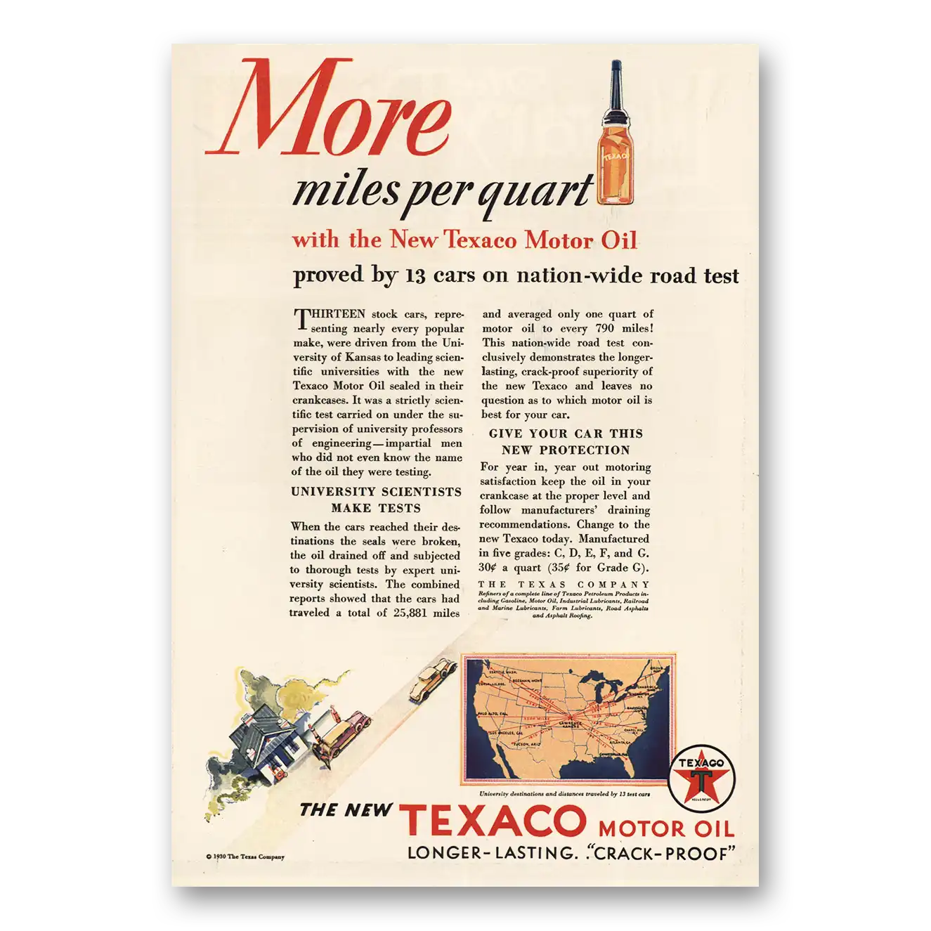 1930 Texaco Motor Oil More Miles Per Quart Vintage Magazine Print Ad